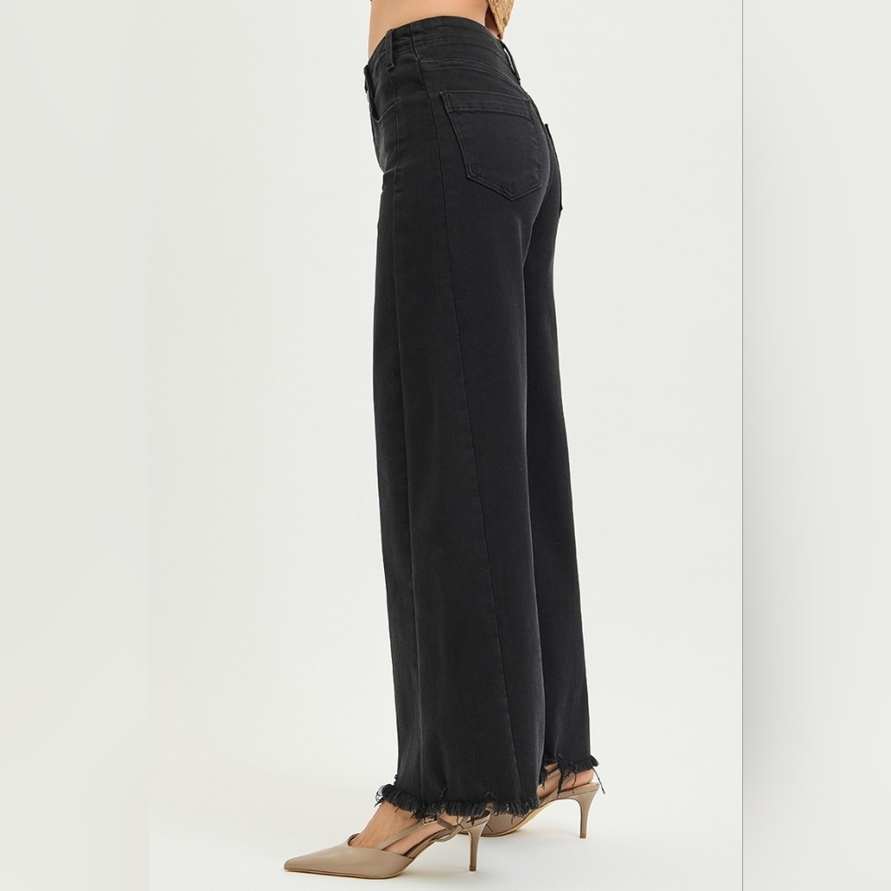 RISEN HR Tummy Control Black Palazzo Jeans Wide Leg Distressed Hems Various NEW - Picture 7 of 12